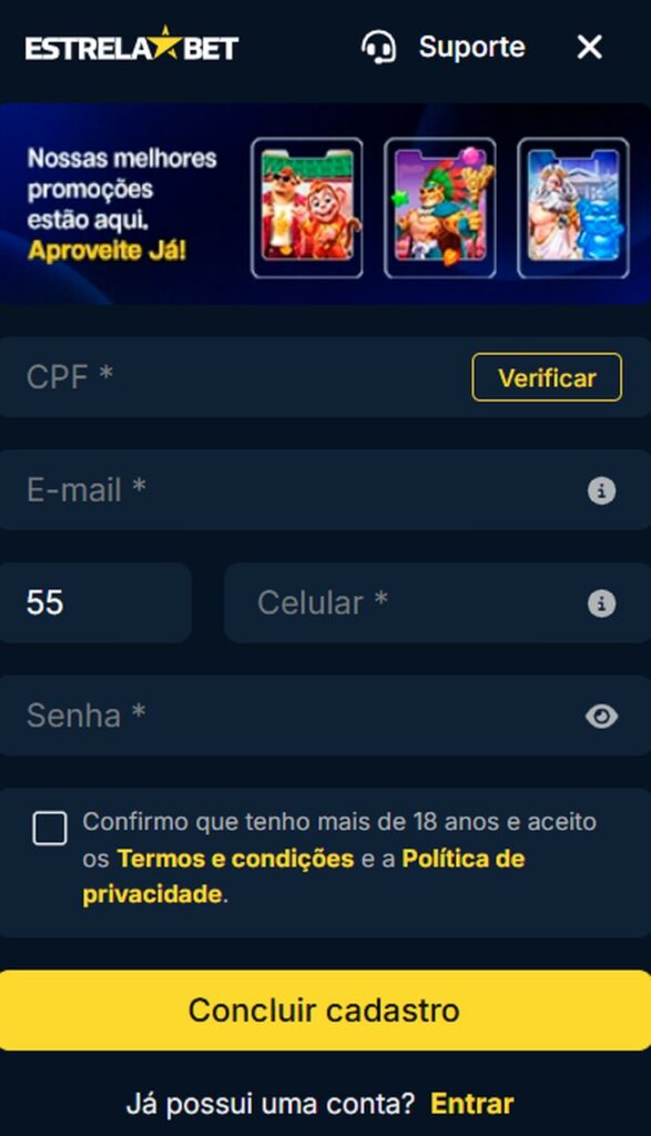 Tela de cadastro sem código bônus Estrela Bet
