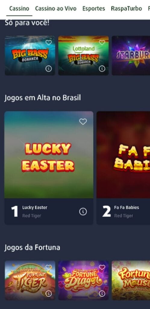 Tela de cassino no app da Lottoland.