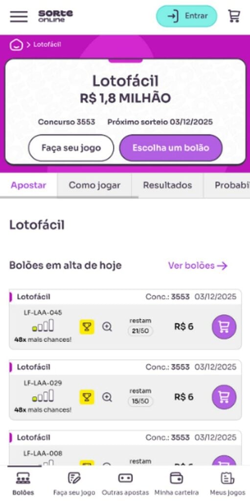 Tela do site de loterias da Sorte Online