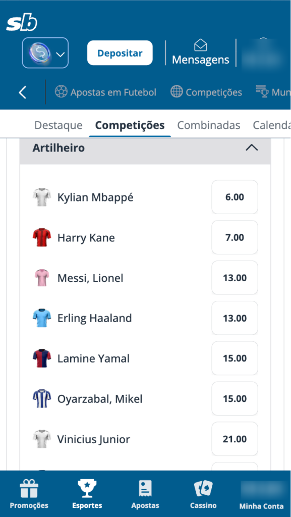 captura de tela das odds para apostas em artilheiro na Copa do Mundo 2026 na Sportingbet