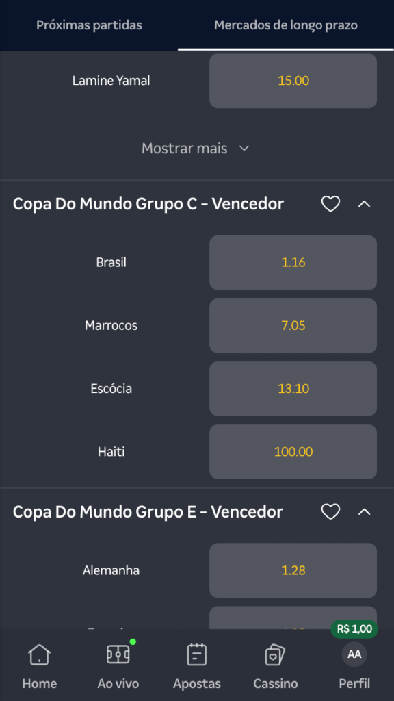 captura de tela dos palpites Grupo C da Copa do Mundo na Betnacional
