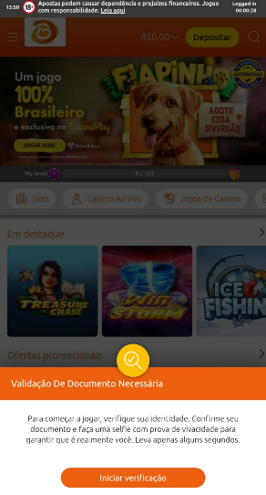 Imagem da tela após o cadastro na Bacana Play para a verificação de identidade