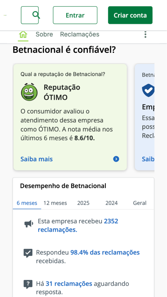 captura de tela da Betnacional no Reclame Aqui