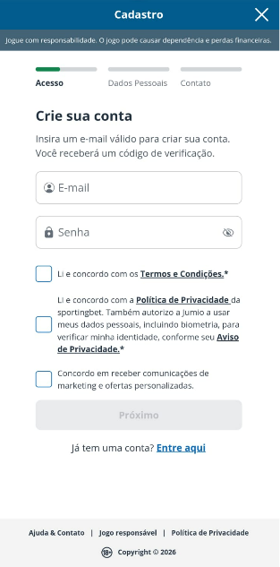 Tela do cadastro na Sportingbet