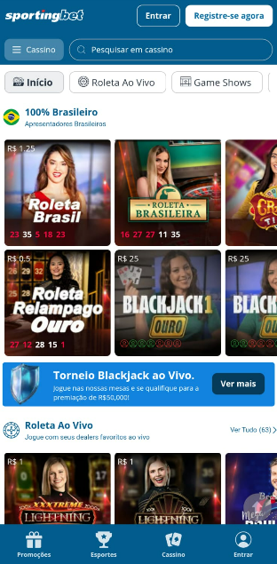 Tela do cassino ao vivo na Sportingbet