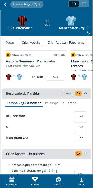 Tela de apostas em futebol na Sportingbet