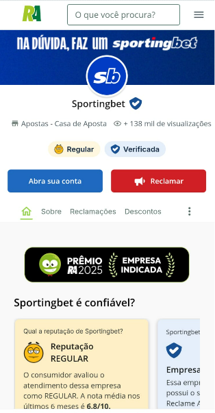 Tela da confiabilidade da Sportingbet no Reclame Aqui