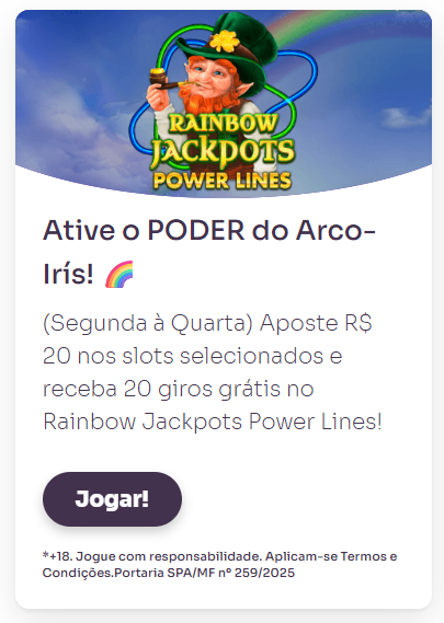 Tela da promoção Rainbow Jackpots Power Lines na Sorte Online