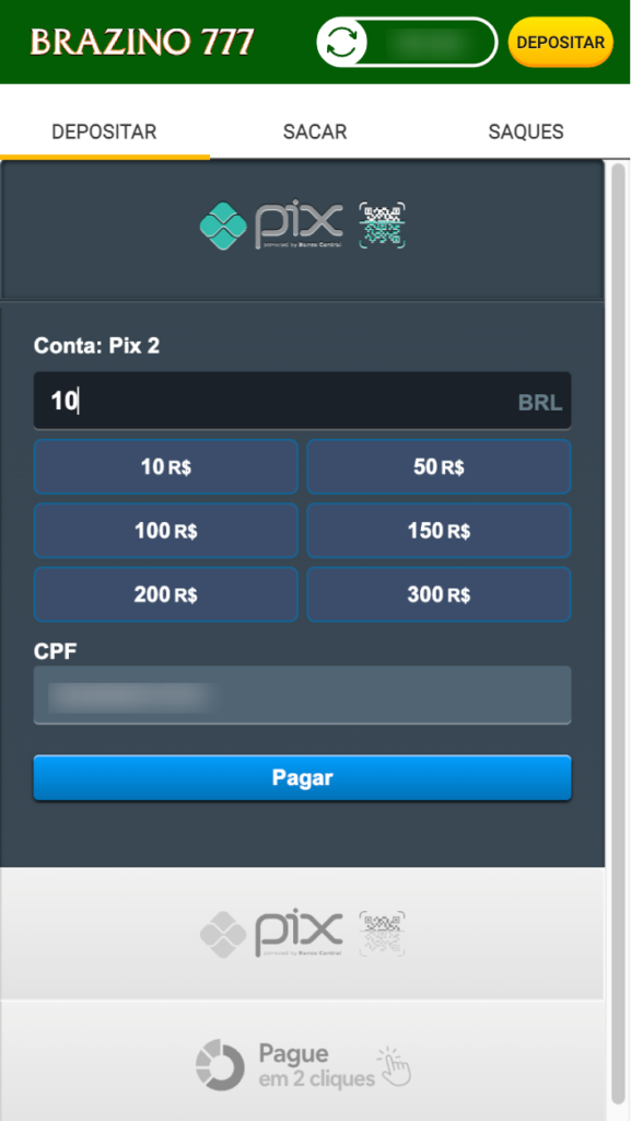 captura de tela do depósito mínimo de R$10 na Brazino777