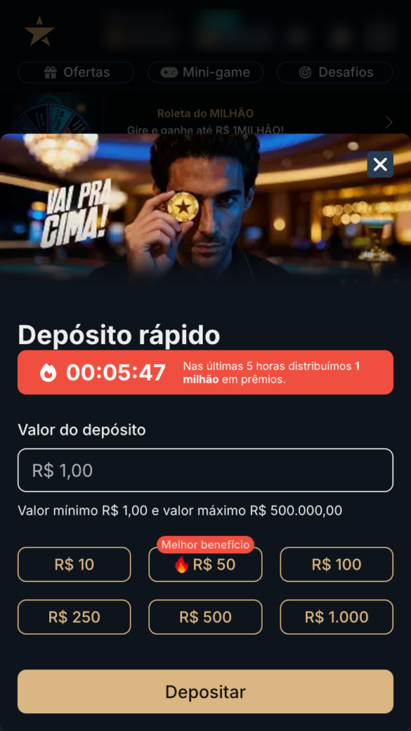 captura de tela do depósito de 5 reais na Estrela bet