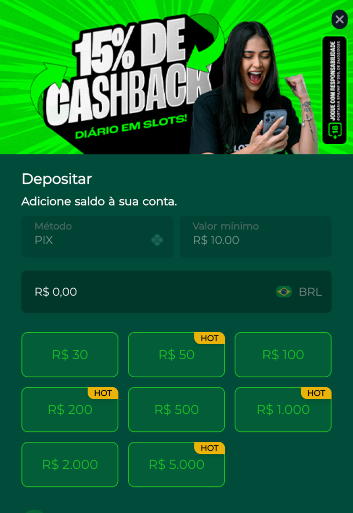 captura de tela do depósito na plataforma de 10 reais, Lotogreen