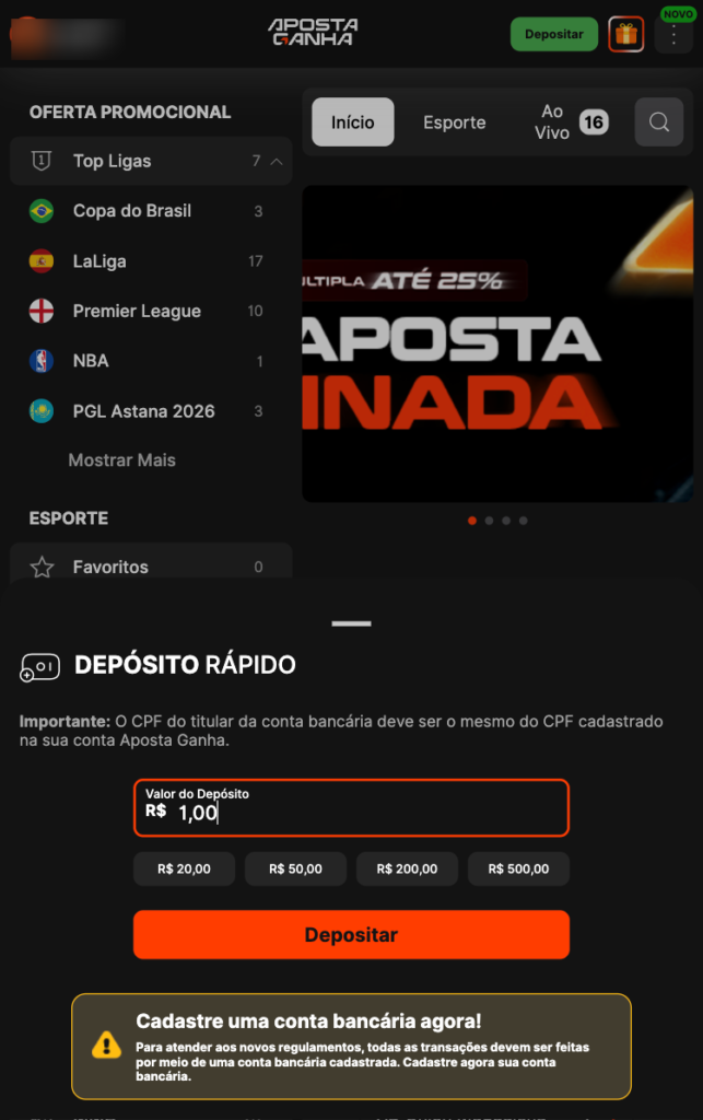 captura de tela do depósito de R$5 na Aposta Ganha