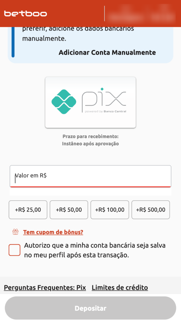 captura de tela do depósito de R$5 na BetBoo