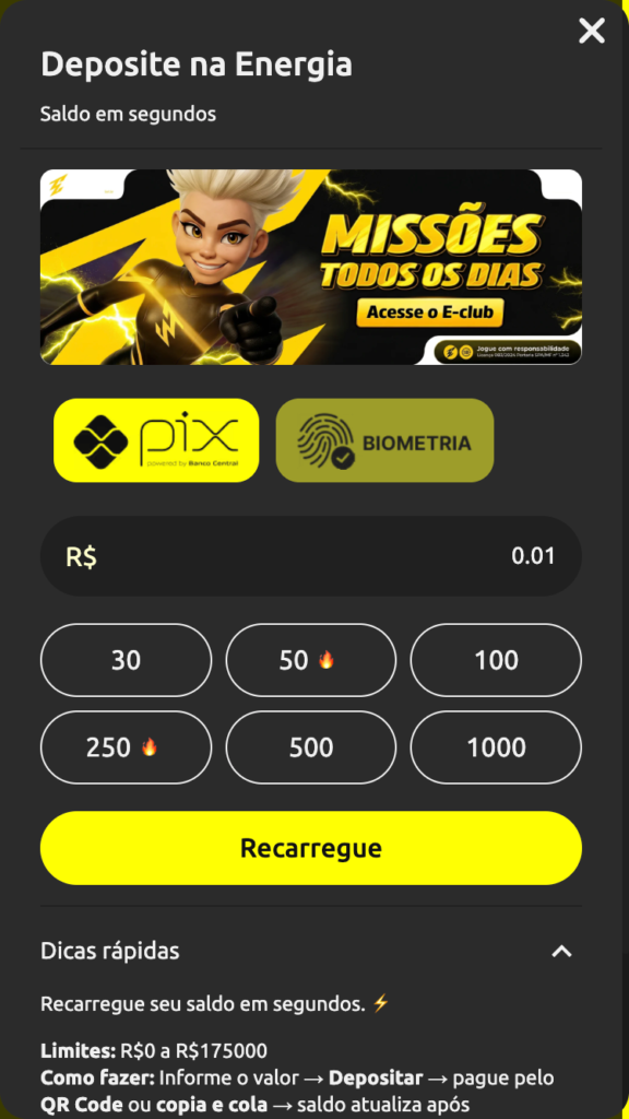captura de tela do depósito mínimo da Energia bet