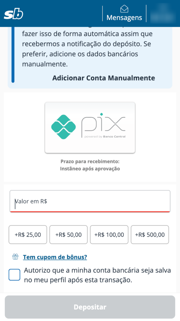 captura de tela do depósito de R$5 na Sportingbet