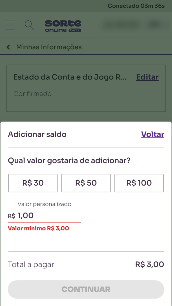 captura de tela do depósito na Sorte Online