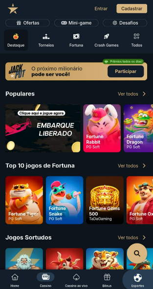 Tela para apostar no cassino sem a precisar do código Estrela Bet