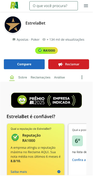 Tela da avaliação da Estrela Bet no Reclame Aqui