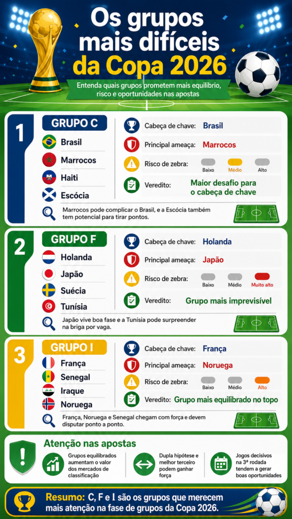 infográfico com os grupos mais difíceis da copa do mundo 2026