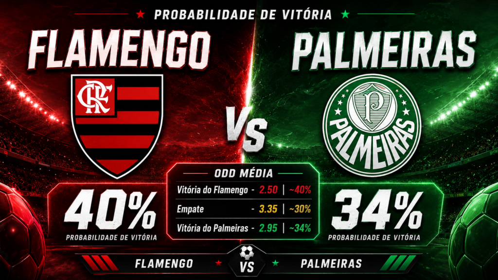 Probabilidades de vitória para o jogo Flamengo x Palmeiras pelo Brasileirão 2026.