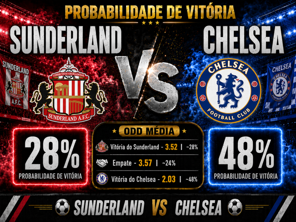 Probabilidade de vitória no duelo Sunderland x Chelsea