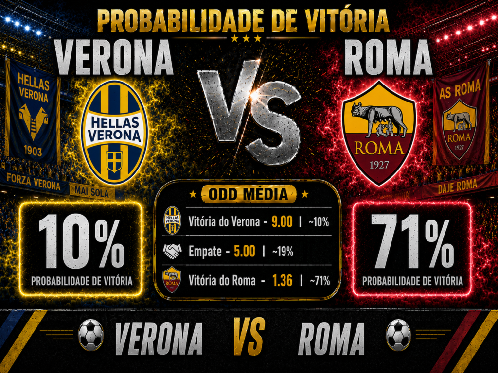 Probabilidade de vitória em Verona x Roma pela última rodada do Campeonato Italiano