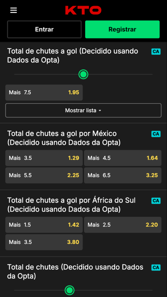 captura de tela das estatísticas da KTO para a Copa do Mundo