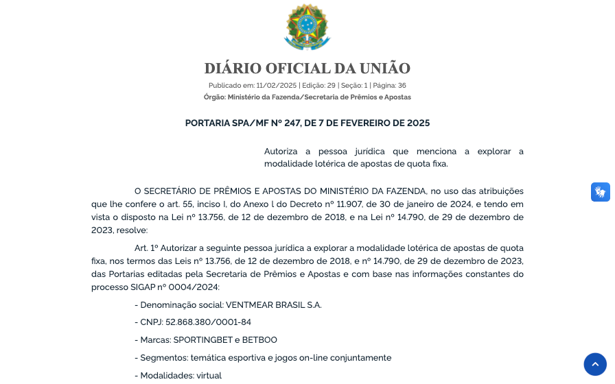 captura de tela da licença da Sportingbet no Brasil