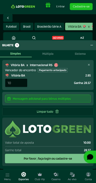 Tela de aposta sem a exigência do código promocional Lotogreen