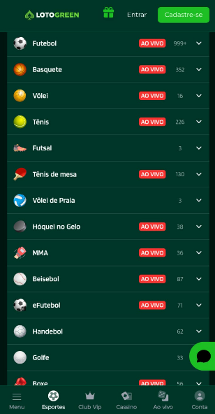 Tela das modalidades esportivas disponíveis para apostas na Lotogreen