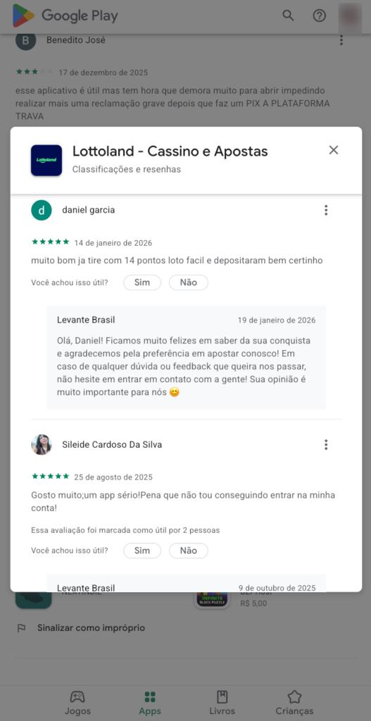 captura de tela das opiniões sobre o Lottoland app