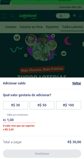 Tela de depósito ao se cadastrar na Lottoland