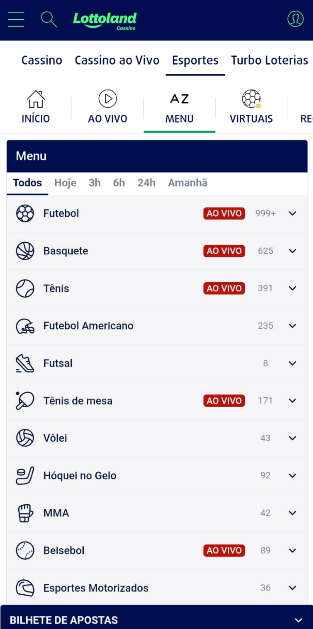 Imagem da tela de modalidades esportivas na Lottoland