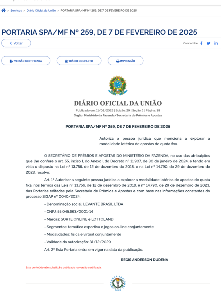 captura de tela da Licença da Lottoland