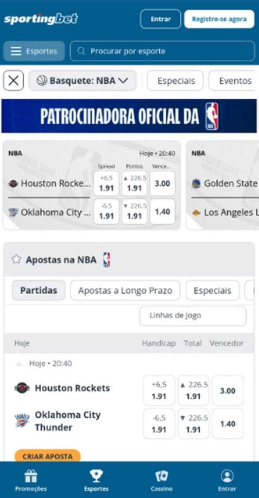 Tela de esportes na Sportingbet