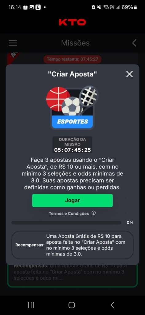 captura de tela das missões KTO