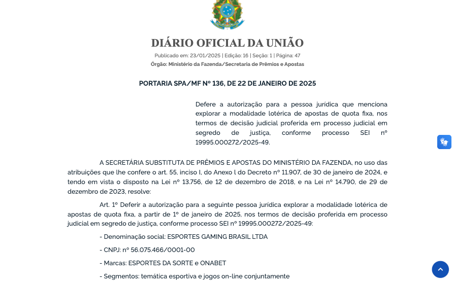 captura de tela da portaria que autoriza a Onabet, provando que ela é legalizada