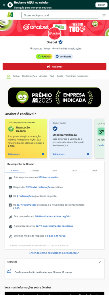 captura de tela da reputação da Onabet no Reclame Aqui