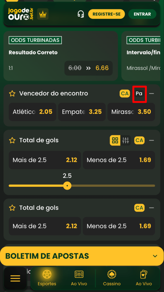 captura de tela do pagamento antecipado 2 gols na Jogo de Ouro