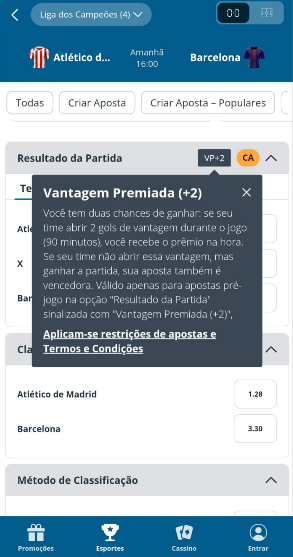 Tela do recurso de vantagem premiada na Sportingbet