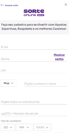 Tela de cadastro na Sorte Online é confiável e segura para começar