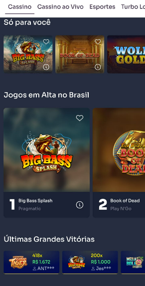 Tela de cassino no app da Sorte Online
