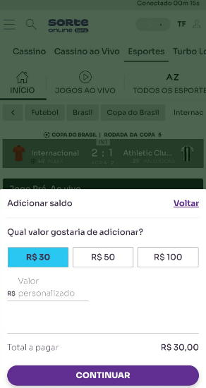 Tela de depósito no Sorte Online app