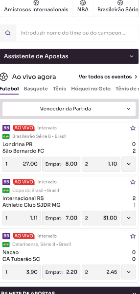 Tela dos jogos ao vivo no app da Sorte Online