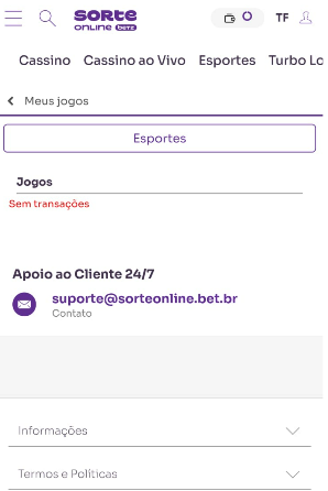 Tela do histórico de jogos no app da Sorte Online