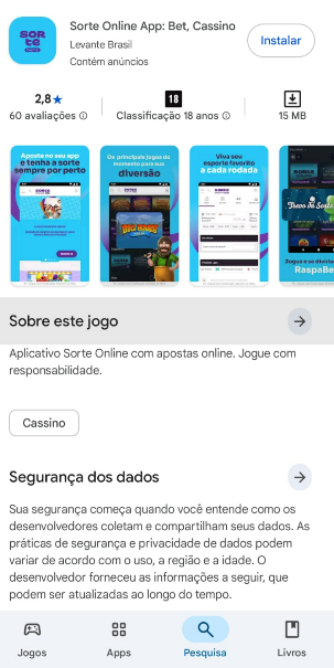 Tela do app da Sorte Online na Play Store