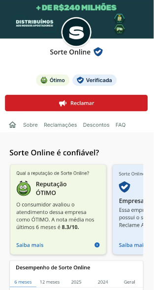 tela da confiabilidade da Sorte Online no Reclame Aqui