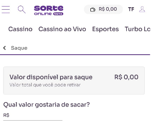 Passo 4 para sacar na Sorte Online — tela para informar o valor do saque