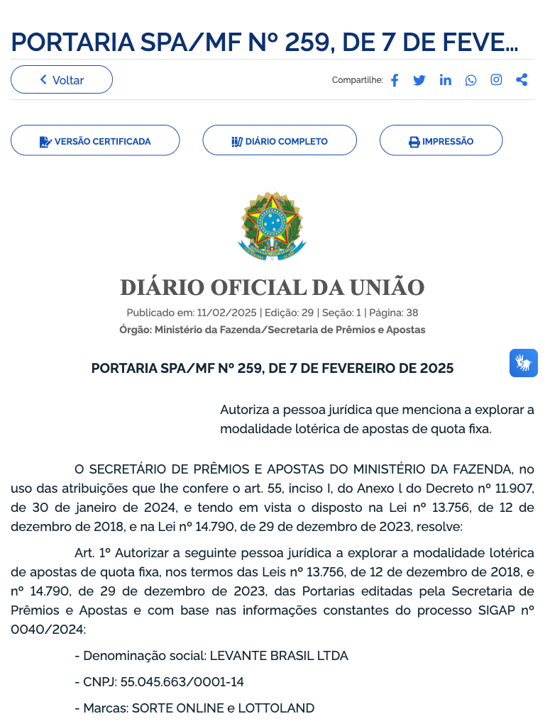 captura de tela da licenca sorte online