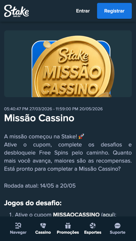 captura de tela da Missão Cassino, oferta de rodadas grátis da Stake